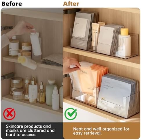 PAVSTINE 2 Pack Clear Medicine Cabinet Organizer, Slim Open Face Mask Storage Box for Sheet Masks and Skincare, Space-Saving Makeup Holder for Bathroom, Vanity, Countertop