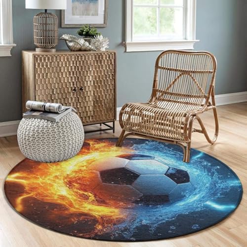 Fashion Round Area Rug Large Non Slip Carpet Unisex Home Decor Mat Water Fire Flame Football Soccer Ball Sport