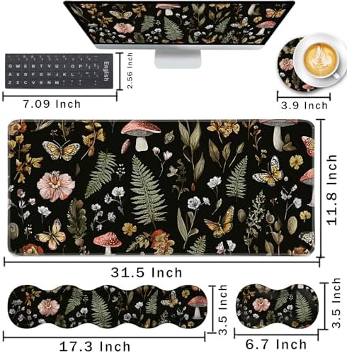 Keyboard Wrist Rest and Mouse Pad with Wrist Support Set Ergonomic Coaster,Memory Foam,Easy Typing Pain Relief,Large XL Desk Mat 31.5"x 11.8",Magic Mushrooms