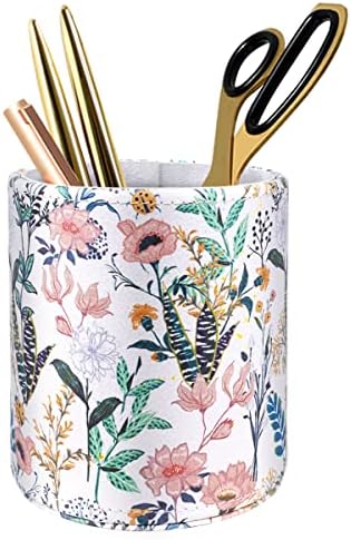 Large Capacity Floral Pen Holder for Desk, Leather Pencil Holder Pen Cup Marker Holder Makeup Brush Holder, Desk Accessories & Workspace Organizers for Home, Office, White Flower
