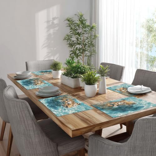 Batmerry Cute Tiger in Water Blue Placemats, Swimming Washable Linen Table Mats for Kitchen Table Double Insulation Decor Dining Set Indoor Outdoor 12X18 in Set of 8