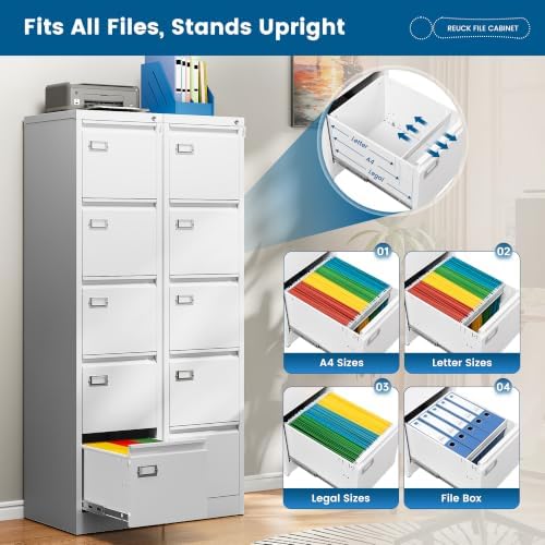 PEUKC 5-Drawer File Cabinet, 16.3" Deep Vertical Metal Filing Cabinet with Lock for Home Office, Anti-Tip 5 Storage Drawers for Letter/Legal/A4/F4 Size (Assemble Required, White)