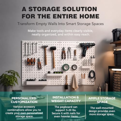 6 Pcs Peg board, Pegboard Wall Organizer Panels, White Pegboard