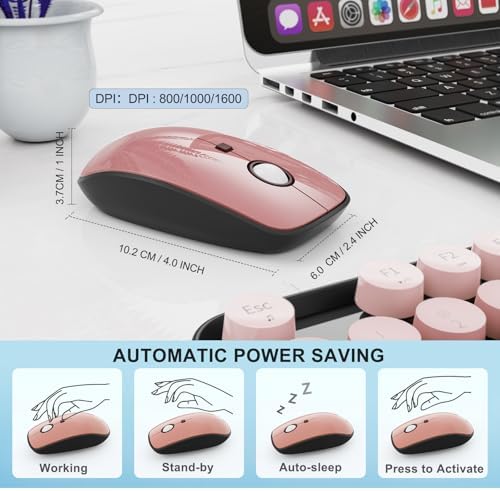 FOPETT Wireless Keyboard and Mouse Combo - 2.4G Full-Sized Cute Colorful Mouse and Keyboard with 104 Round Keys Retro Typewriter Keyboard for Laptop/Windows/PC - Pink Gradient