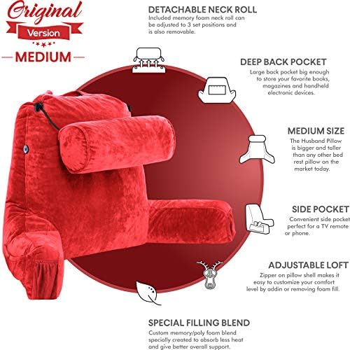 Husband Pillow Medium Reading Pillow with Arms - 23" Backrest for Sitting Up in Bed - Firm Support Bed Rest Pillow for Adults, Neck Roll, Removable Cover - TV, Reading, Lounging - Red