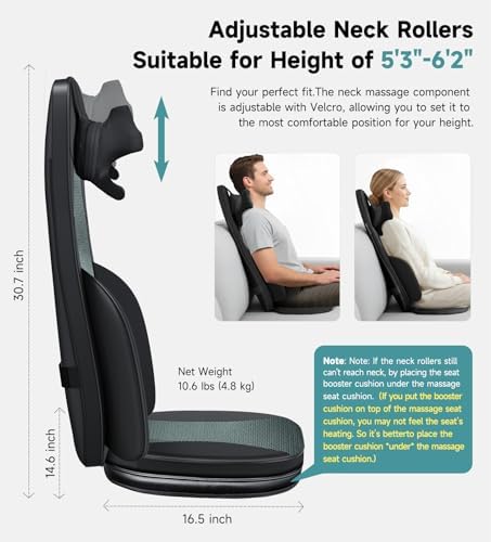 Flekzo Shiatsu Back Massager Chair Pad with 4-Zone Heat, Deep Tissue Kneading & Rolling, 6-Point Finger-Grip Neck & Back Massage, Adjustable Height, Office Chair & Recliner Seat Cushion, Black