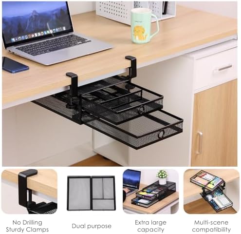 Under Desk Drawer, Clamp on Desk Organizer Slide Out Table Storage No Drill
