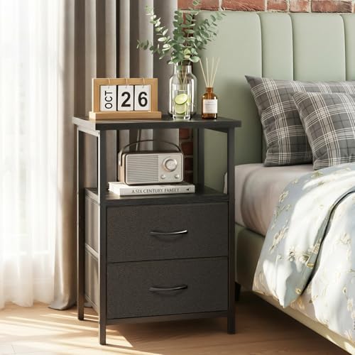 Fixwal Night Stand with Charging Station, 2 Fabric Drawers, Black