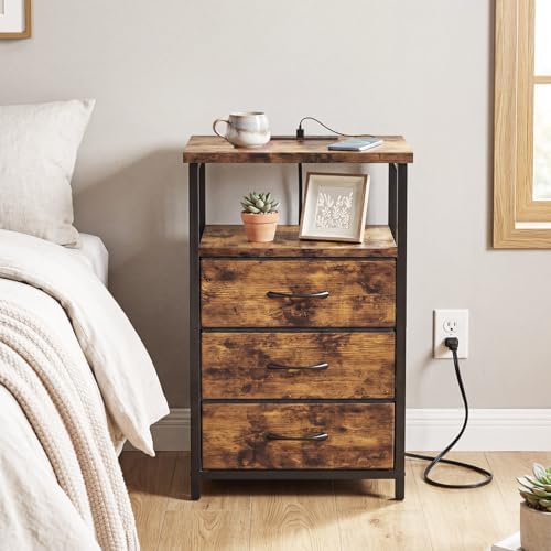 Fixwal Night Stand with Charging Station, 3 Fabric Drawers, Rustic Brown