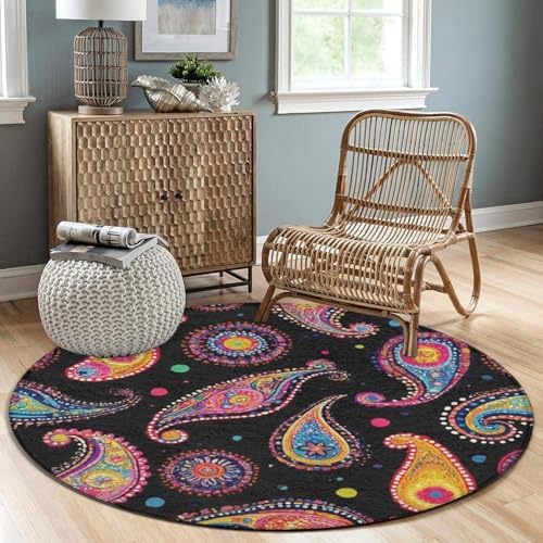 Home Decor Non Slip Kitchen Office Circle Rug, Machine Washable Modern Round Area Rug, Room Sofa Yoga Soft Round Carpet Colorful Paisley Art, 36inch
