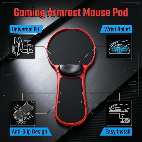 Ergonomic Adjustable Chair Arm Rest Mouse Pad with Wrist Cushion,Mouse Extension Platform Tray with Anti-Fall Baffle, Chair Attachment Arm Support with Straps (Red)