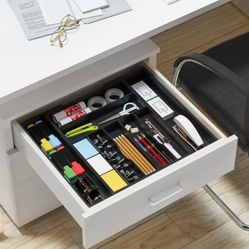 Utensil Organizer Silverware Drawer Organizer - Bamboo Expandable Cutlery Tray with Dividers for Utensil Holder Office Storage Makeup Desk Drawer Tool Organization W13.5"-19.5" x L17.5" x H2.5"(Black)