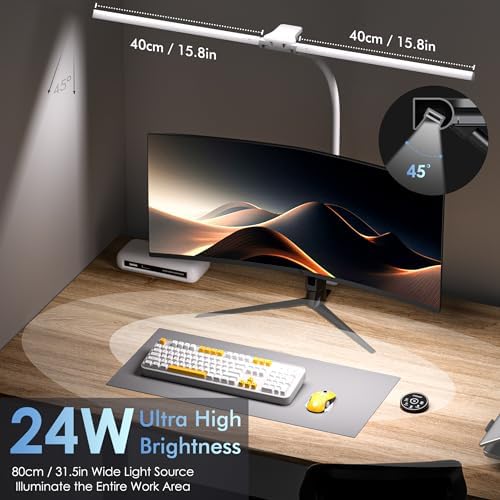 EYOCEAN Desk Lamp with Clamp, 31.5" LED Desk Lamp for Home Office, 24W Double Head Desk Light, Dimmable & Color Temperature, Table Lamp with Remote Control, Brightest Computer Monitor Light