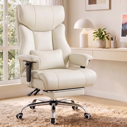 COMHOMA Big and Tall Office Chair,Heavy Duty Gaming Chair with Foot Rest and Wide Pocket Spring Cushion Reclining Height Adjustable for Home Office Work, Comfy Pu Leather Beige