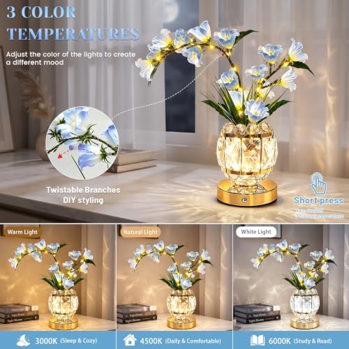 Lily Flower Lamps, Rechargeable Cordless Small Desk Lamp, 3 Colors Dimmable Artificial Flowers Night Light, Fake Bouquet 3 Lilies with Crystal Vase for Home Date Party Decoration (Blue - May Bells)