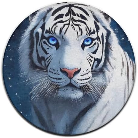 Large Home Decor Mat, Soft Round Yoga Carpet, Non Slip Machine Washable Kitchen Office Circle Rug White Tiger Moon Starry Sky