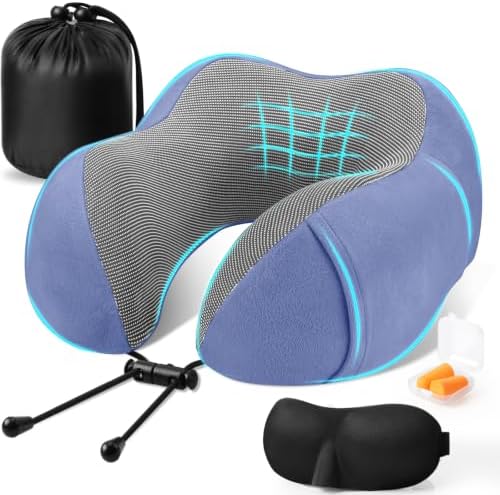 CloudBliss Travel Pillow for Airplanes, Memory Foam Neck Pillow Set, Blue