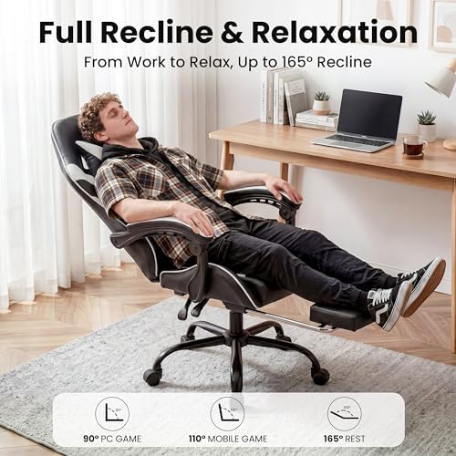 Gaming Chair, Ergonomic Footrest, Lumbar & Headrest(Black White)