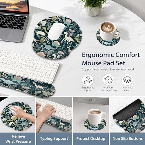 Cute Dinosaur Ergonomic Keyboard and Mouse Wrist Rest Set, Flower Mouse Pad with Non Slip Base, Soft Cloth Surface for Office and Home Typing Support