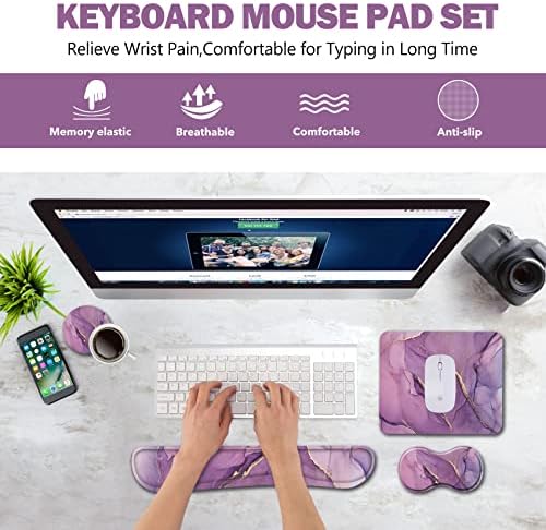AIMSA Keyboard Wrist Rest Support + Mouse Pad + Mouse Wrist Rest + Coaster, Ergonomic Memory Foam Anti-Slip Rubber Base 4 PCS Set Easy Typing Pain Relief, Purple Marble