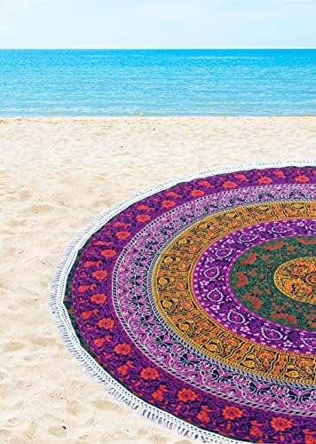 Round Beach Tapestry Turquoise Mandala Throw/Boho Hippie Beach Blanket Roundie/Indian Cotton Bohemian Large Round Table Cloth-Home Decor/Yoga Mat Meditation Picnic Rug (70", 6 color)