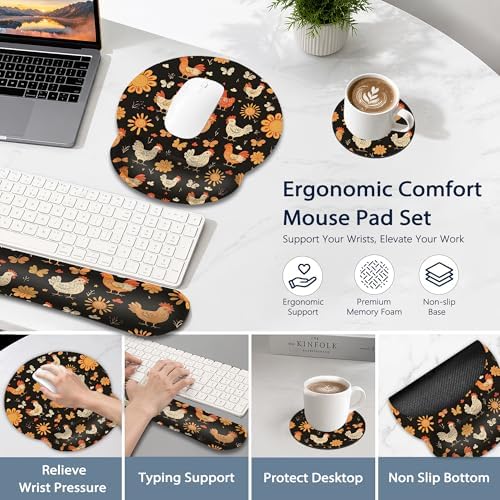 Rooster Hen Wrist Rest Support for Mouse Pad Keyboard Set, Butterfly Flower Mouse Pad with Non Slip Rubber Base for Home and Office Typing Support