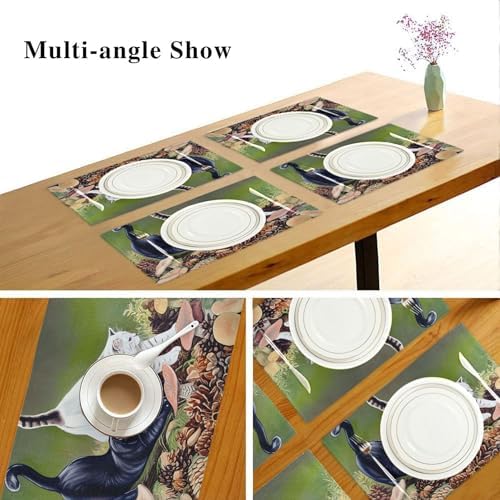 Placemats Set of 4 for Dining Table, Cat Stretching Cloth Placemats Heat Resistant Place Mats Linen Thick Washable Kitchen Table Mats, 12x18 in
