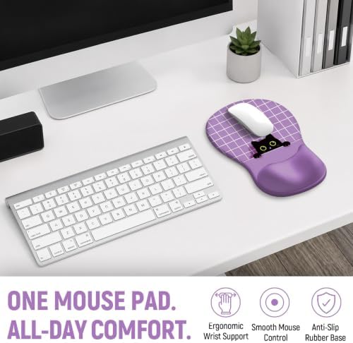 Ergonomic Mouse Pad with Wrist Rest, Gel Wrist Support, Purple Cat