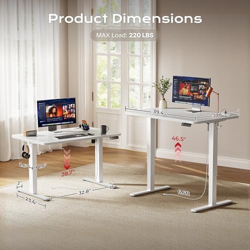 Huuger 39 X 24 Inch Electric Standing Desk with Power Outlets and USB-C Port, Height Adjustable Desk, Sit Stand Desk for Home Office, Computer & Gaming Desk with 3 Presets, Stable Steel Frame, White
