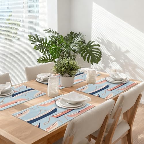 Nautical Small Boats Linen Placemats, Seaside Marine Table Mats for Table Washable Heat Insulation Thick Dining Mat, Indoor/Outdoor 12X18 in 8 Pcs