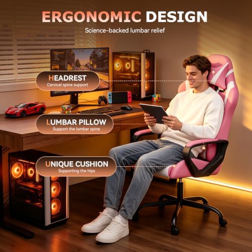 BestOffice Ergonomic Gaming Chair for Adults, Video Game Chair, Pink