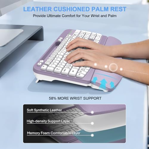 EAYBLLY 2.4G Wireless Ergonomic Keyboard, Full Size Wave Keys with Memory Foam Wrist Rest & 7.28in Phone Holder, USB-C Adapter Included for Windows Mac Chrome OS, Office or Home (Purple)