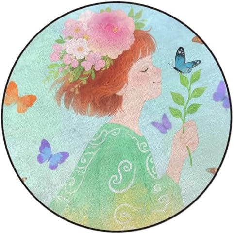 Girl in Flowers Round Carpet Chair Mat for Hardwood Floors, Anime Nature Harmony Multi-Purpose Office & Gaming Chair Protector, Soft Floor Mat for Living Room & Study, Diameter 39.4 in