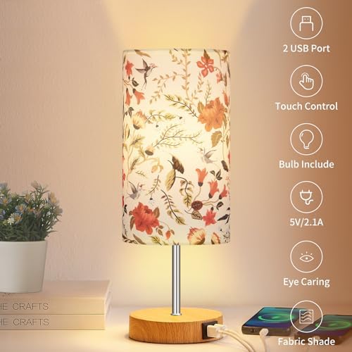 Bedside Touch Lamp, Wood Small Table lamp with 2 USB Charging Ports & Flower Fabric Shade, 3-Way Dimmable Nightstand Lamps for Living Room Bedroom Office Reading Desk Home Dorm(LED Bulb Included)