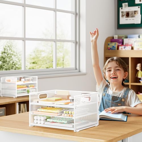 Paper Organizer with Handle,2P-3 Tier Letter Tray White Desk Organization