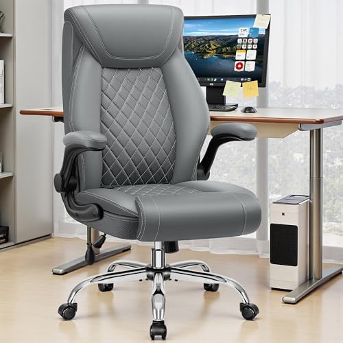 BestGlory Executive Office Chair with Lumbar Support, Big and Tall Ergonomic Computer Desk Chair, Leather Comfy High Back Gaming Chair with Flip Up Arms & Rocking Function for Home Office, Gray