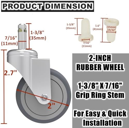 RILIDRI 2-Inch Swivel Stem Caster, 7/16-Inch Stem Diameter Rubber Wheel, Thermoplastic Rubber TPR Replacement Wheels for Weber Grill Shop Vac - 4 Pack
