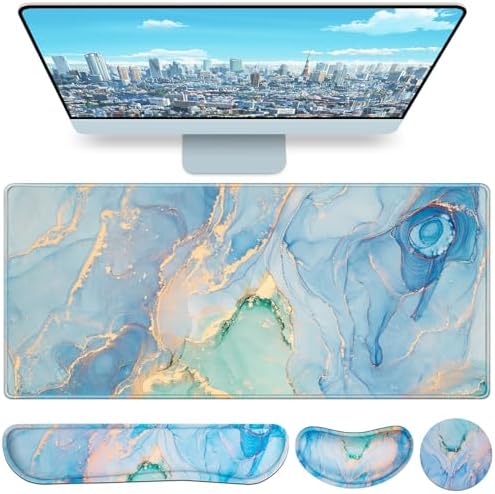 4 in1 Desk Mat Blue, Large Gaming Mouse Pad with Wrist Rest,