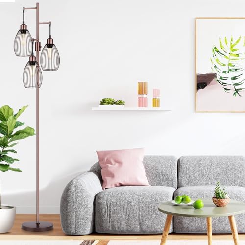 Dimmable Floor Lamp, 3 x 800LM LED Edison Bulbs Included, Farmhouse Industrial Floor Lamp Standing Lamp with Elegant Teardrop Cage Head Tall Lamp for Living Room Bedroom Office Dining Room - Brown
