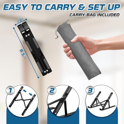 Premium Portable Aluminum Laptop Stand for Desk, 7 Angles Adjustable Tilt, Heavy-Duty Laptop Riser, Foldable, Slim & Lightweight Travel-Friendly Stand for Desk & Workstation, Black