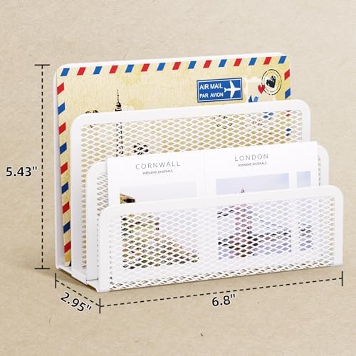 Marbrasse Mail Organizer for Desk, 3-Slot Mesh Metal Mail Holder countertop, Letter Holder, Office Desktop Envelope and Document Storage Rack (White)