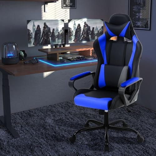 Blue Gaming Chair - High Back Ergonomic Office & PC Gaming Chair with Wheels, Reclining & Adjustable Headrest & Lumbar Support