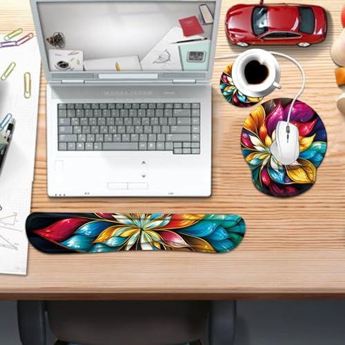 Keyboard Wrist Rest and Mouse Pad Wrist Support Set with Coaster,Ergonomic Mouse Pad,Comfortable for Easy Typing, Pain Relief,Memory Foam Keyboard Pad Set for Laptop Mac,Blue Fractal Flower