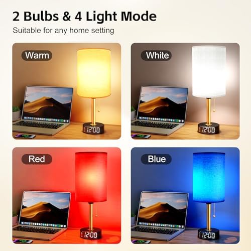 Bedside Desk Lamp for Bedroom, Table Lamp with USB A & USB C Fast Charging Ports & 2 AC Power Outlets, Alarm Clock Base, Round Black Fabric Lampshade Modern Nightstand Lamp for Living Room Home Office