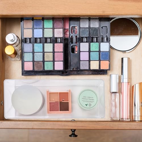 Stackable Clear Drawer Organizers Small Makeup Vanity Storage Bins Trays and Office Desk Drawer Dividers Single Compartment 2 Pack