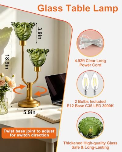 Lightdot Green Bedroom Lamps Set of 2 Flower Glass Table Lamp Dimmable