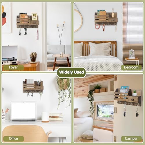 Key Holder Wall Mount, Wooden Key and Mail Organizer, Brown