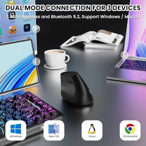 AJAZZ I300 Bluetooth and 2.4G Rechargeable Wireless Mouse,Ergonomic Vertical Design Optical Mouse Computer Mice,800/1200/1600 DPI,Quiet Clicks,84G Lightweight for Laptop, Desktop, PC, MacBook(Black)