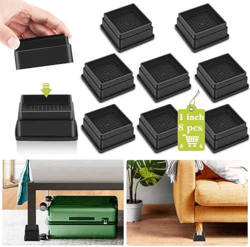 8 Pack Furniture Risers 1 Inch, Adjustable Bed Risers Heavy Duty for Table Desk Couch Chair Sofa Cabinet Bed Frame Dorm, Square Stackable Table Leg Risers Lift Height 1", 2" or 3", Black