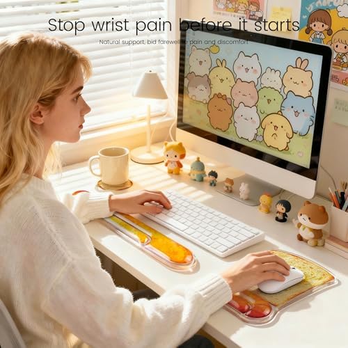 Ospelelf Mouse Pad and Keyboard Wrist Rest Cute Funny Gel Mousepad Set, Support for Typing Gaming, Relieve Wrist Pain, Cool & Easy to Clean, for Office, Programmer, Home Computer Use, Butter Bread